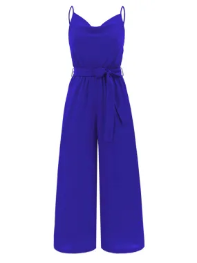 1930s Cowl Neck Spaghetti Strap Solid Belted Jumpsuit