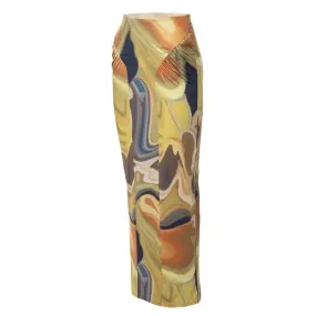 Abstract Yellow Printed High Waisted Long Skirts for Women Bottoms Vintage 2000s Aesthetic Clothes P85-BD18