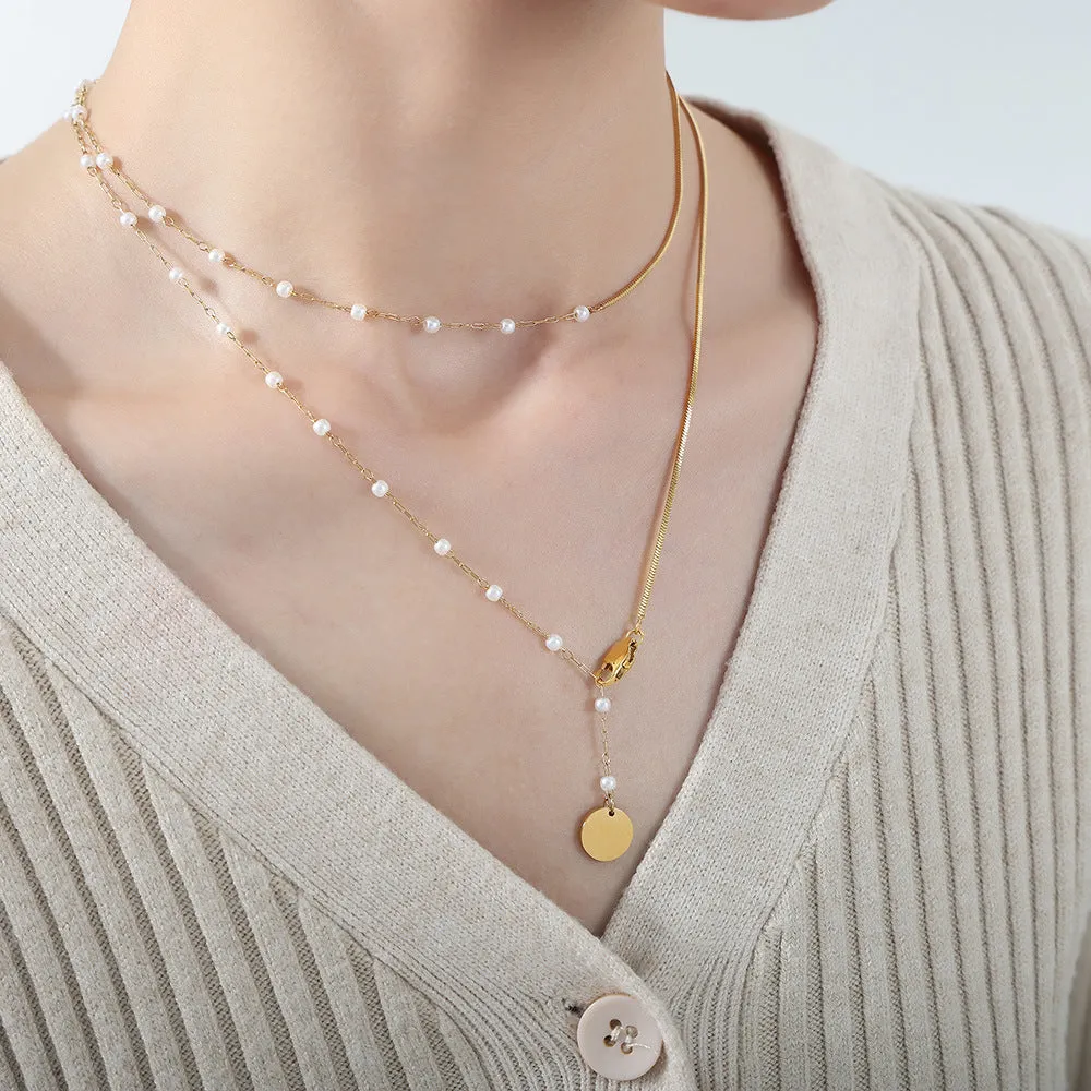 Adjustable Layered Stacked Snake Chain Stitching Floating Pearl Necklace