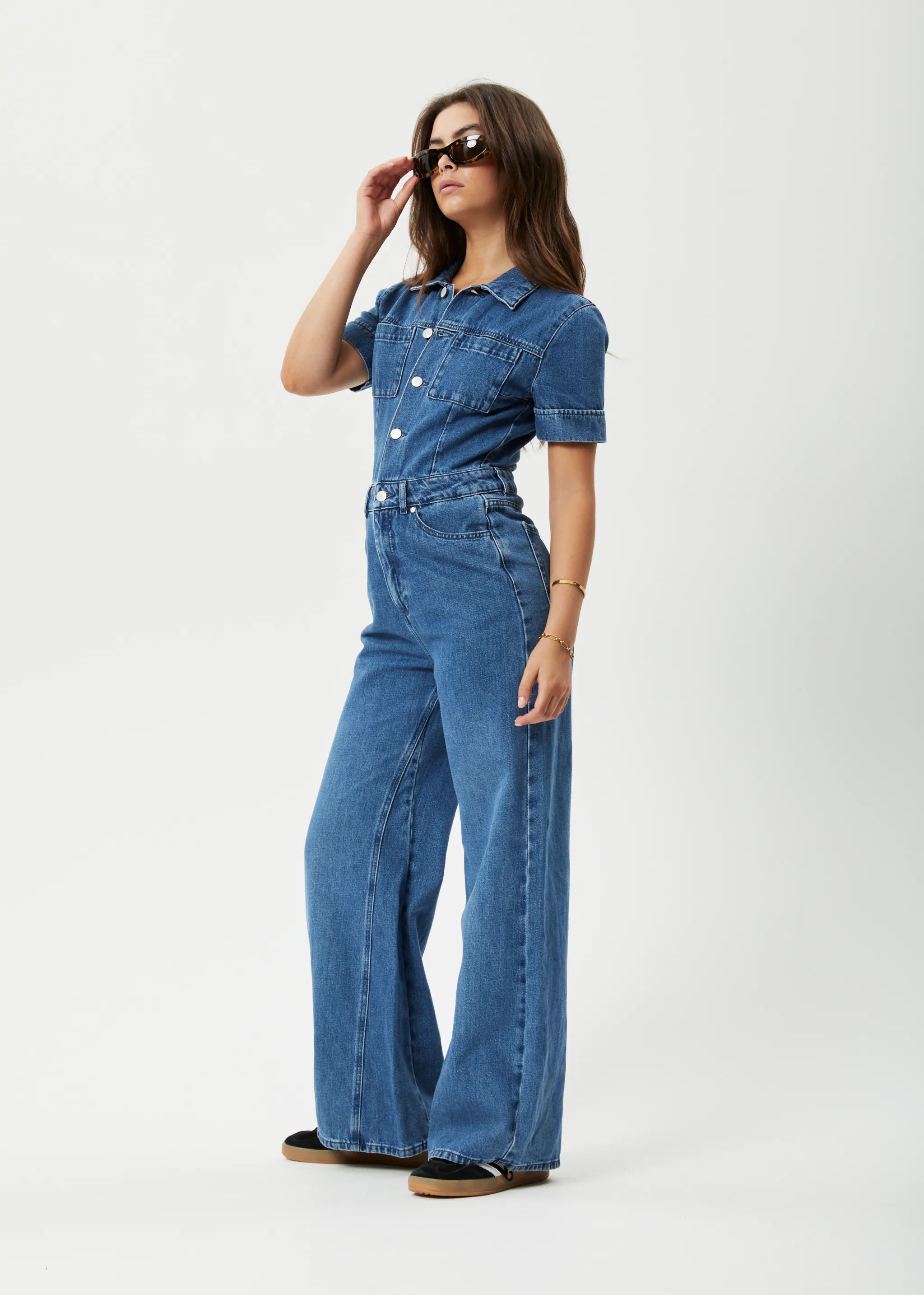 AFENDS Womens Miami - Denim Flared Jumpsuit - Authentic Blue