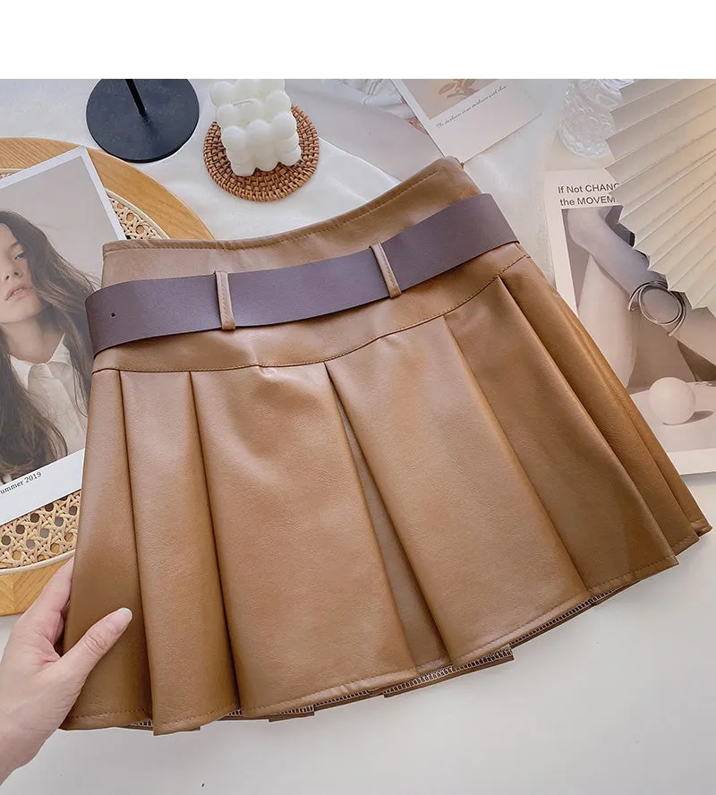 Age reducing pleated high waist A-line skirt with belt  5482