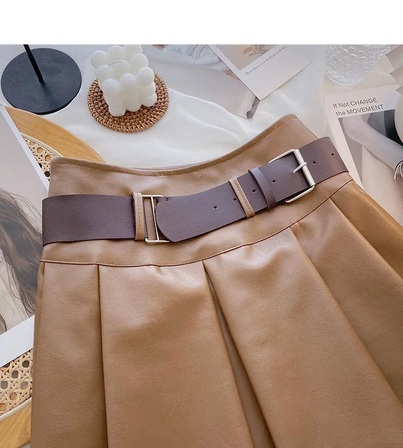 Age reducing pleated high waist A-line skirt with belt  5482