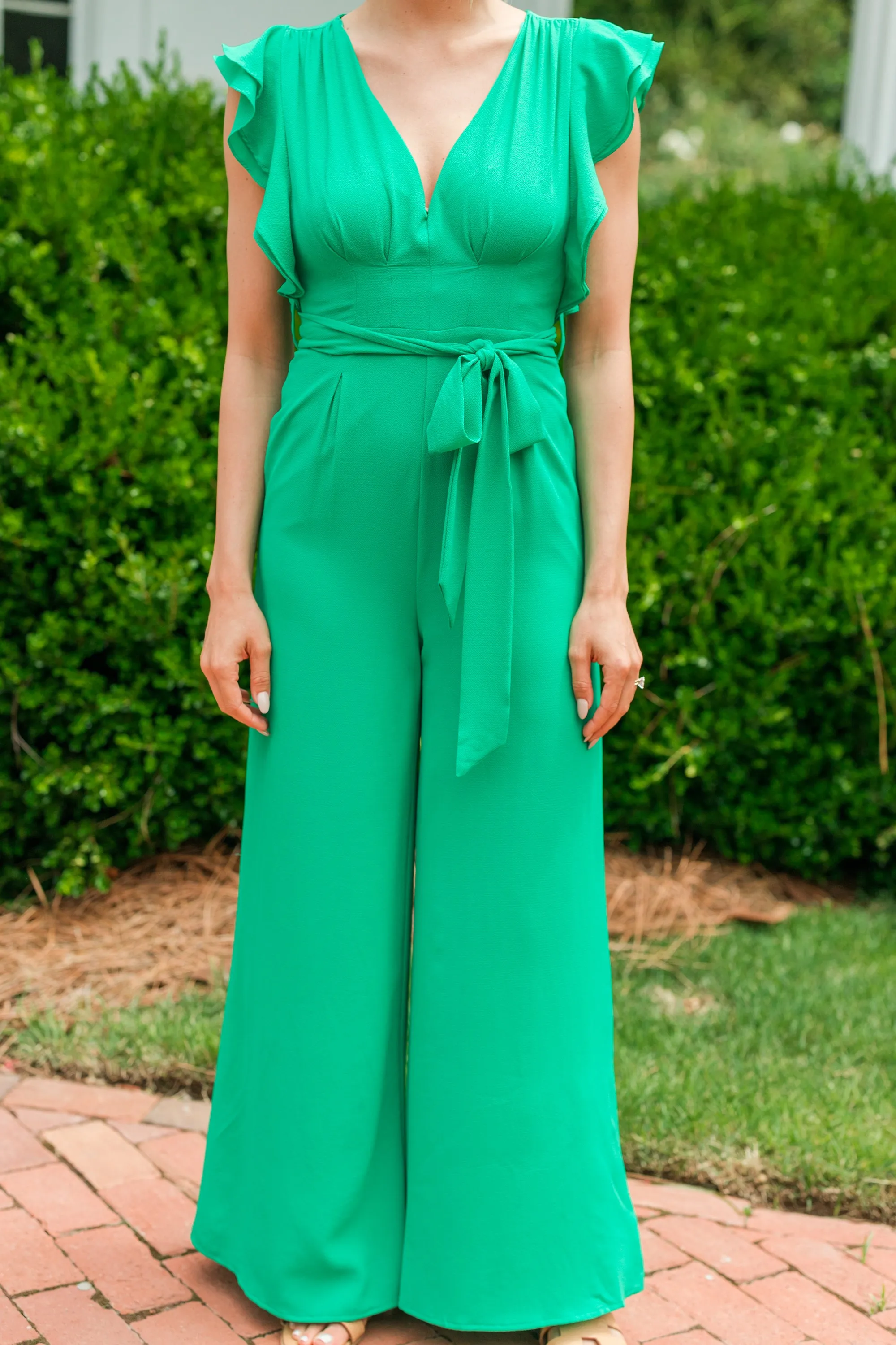 All The Joy Green Ruffled Jumpsuit