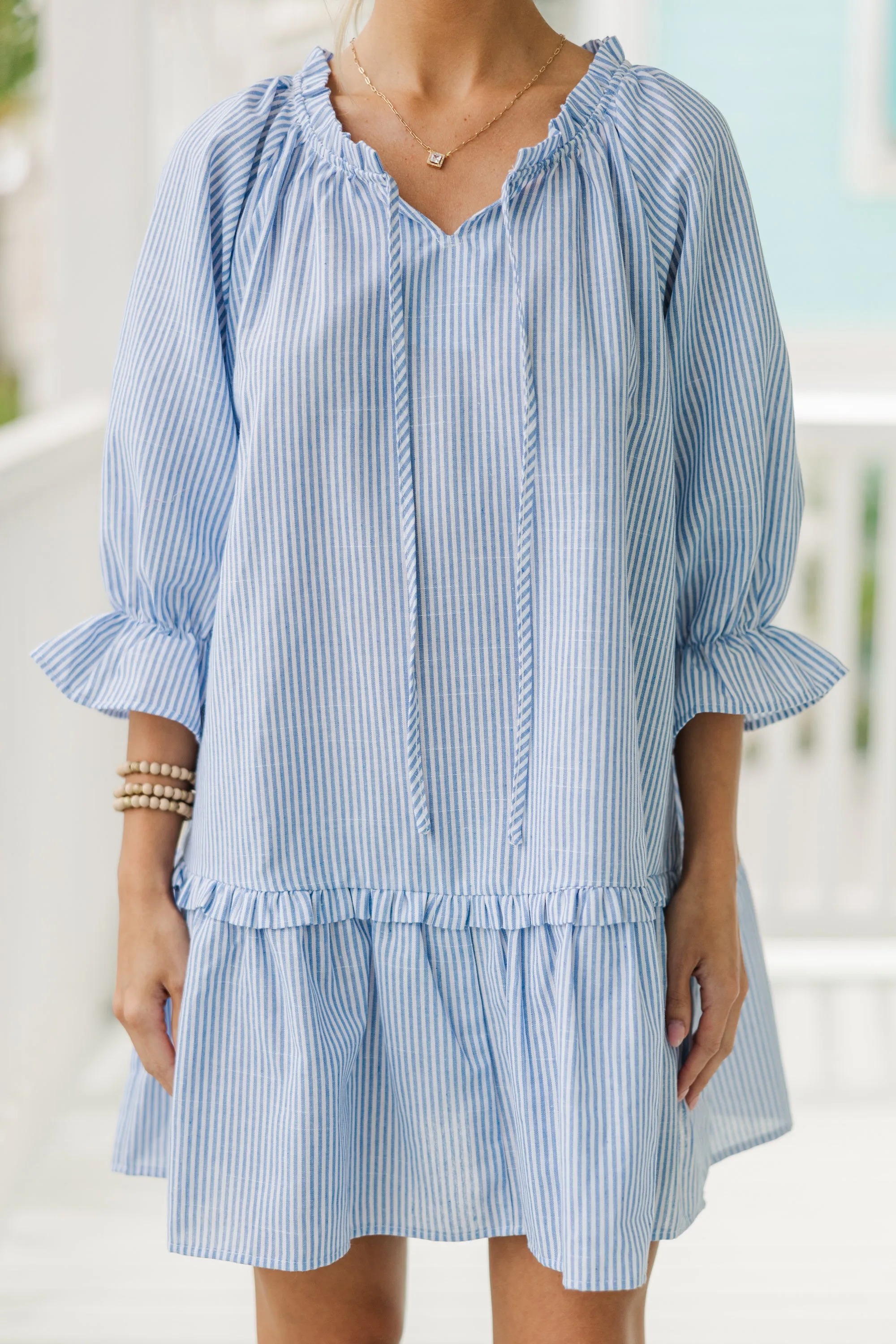 Always in the Lead Blue Striped Linen Dress