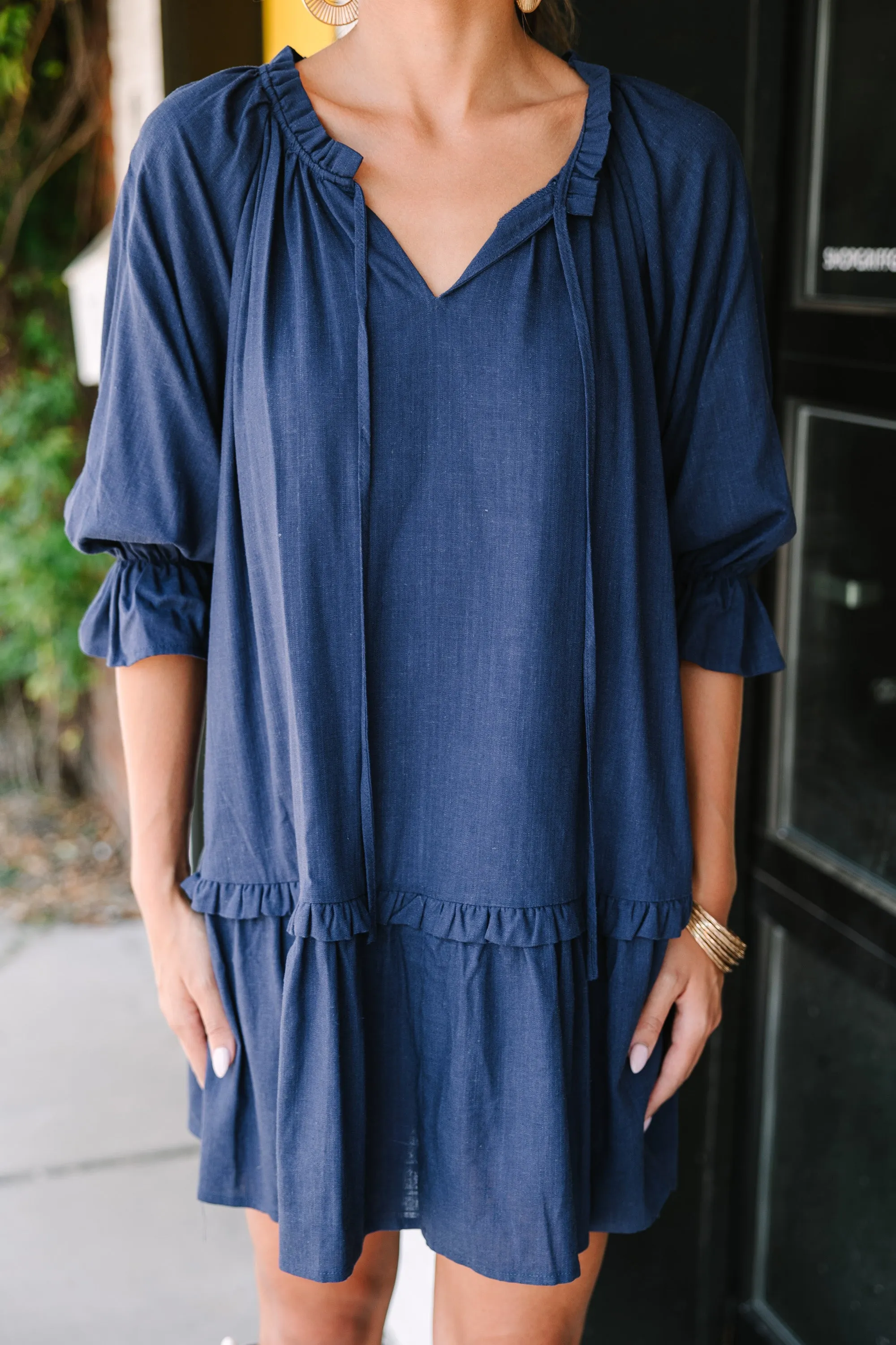 Always In The Lead Navy Blue Linen Dress