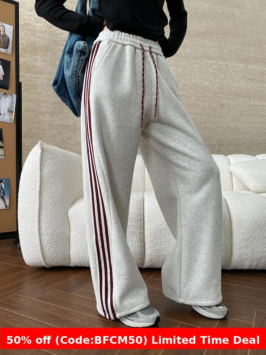 Amozae 1980s fashion trends American Style Street Style Fashionable Side Striped Drawstring Elastic High Waist Fleece-lined Wide Leg Sports Pants