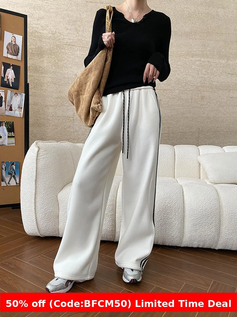 Amozae 1980s fashion trends American Style Street Style Fashionable Side Striped Drawstring Elastic High Waist Fleece-lined Wide Leg Sports Pants