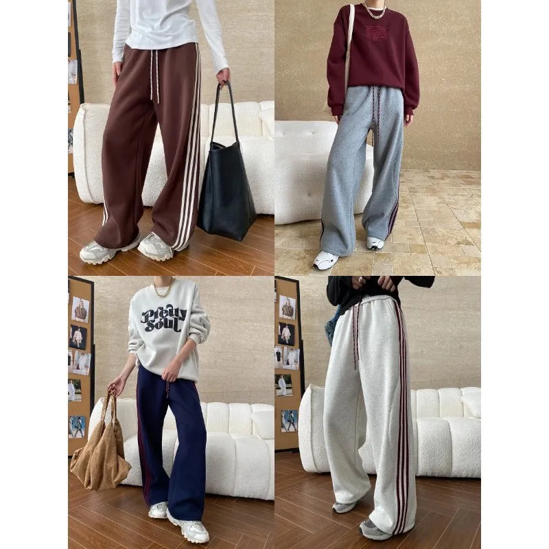 Amozae 1980s fashion trends American Style Street Style Fashionable Side Striped Drawstring Elastic High Waist Fleece-lined Wide Leg Sports Pants