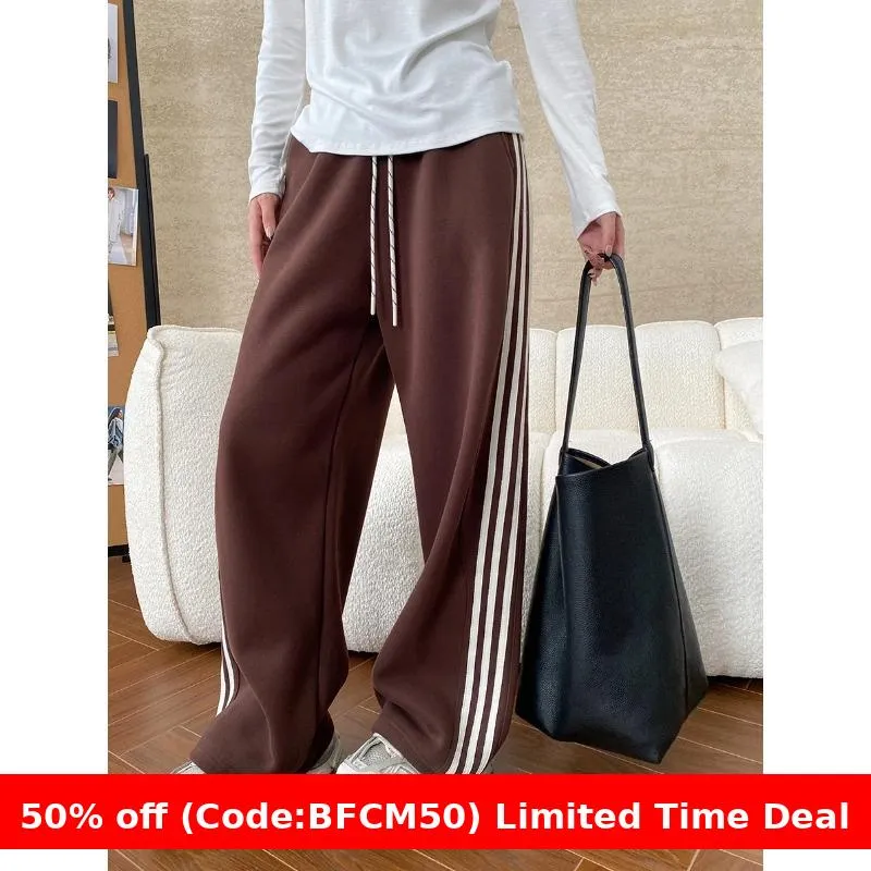 Amozae 1980s fashion trends American Style Street Style Fashionable Side Striped Drawstring Elastic High Waist Fleece-lined Wide Leg Sports Pants