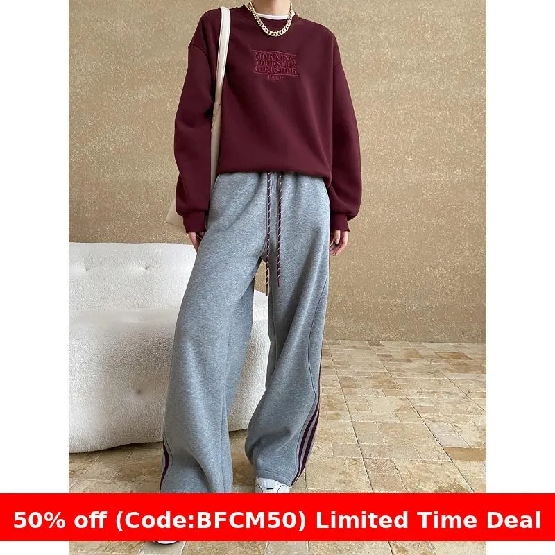 Amozae 1980s fashion trends American Style Street Style Fashionable Side Striped Drawstring Elastic High Waist Fleece-lined Wide Leg Sports Pants