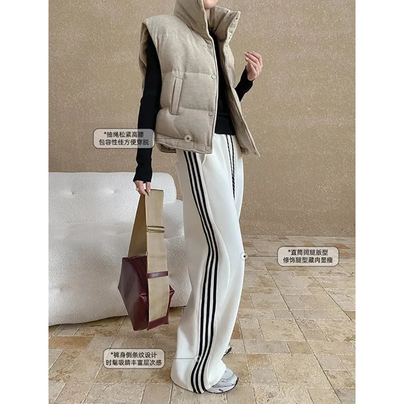 Amozae 1980s fashion trends American Style Street Style Fashionable Side Striped Drawstring Elastic High Waist Fleece-lined Wide Leg Sports Pants