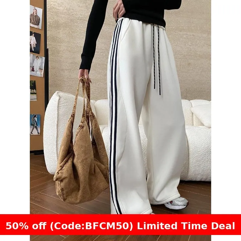 Amozae 1980s fashion trends American Style Street Style Fashionable Side Striped Drawstring Elastic High Waist Fleece-lined Wide Leg Sports Pants