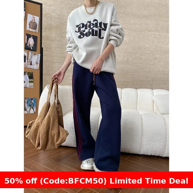 Amozae 1980s fashion trends American Style Street Style Fashionable Side Striped Drawstring Elastic High Waist Fleece-lined Wide Leg Sports Pants