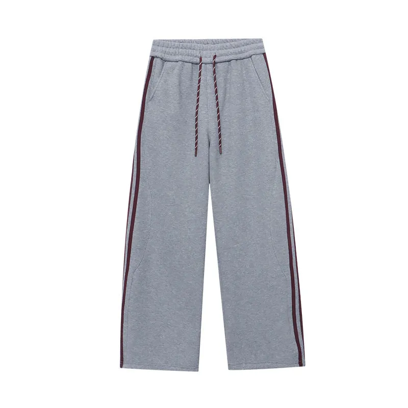 Amozae 1980s fashion trends American Style Street Style Fashionable Side Striped Drawstring Elastic High Waist Fleece-lined Wide Leg Sports Pants