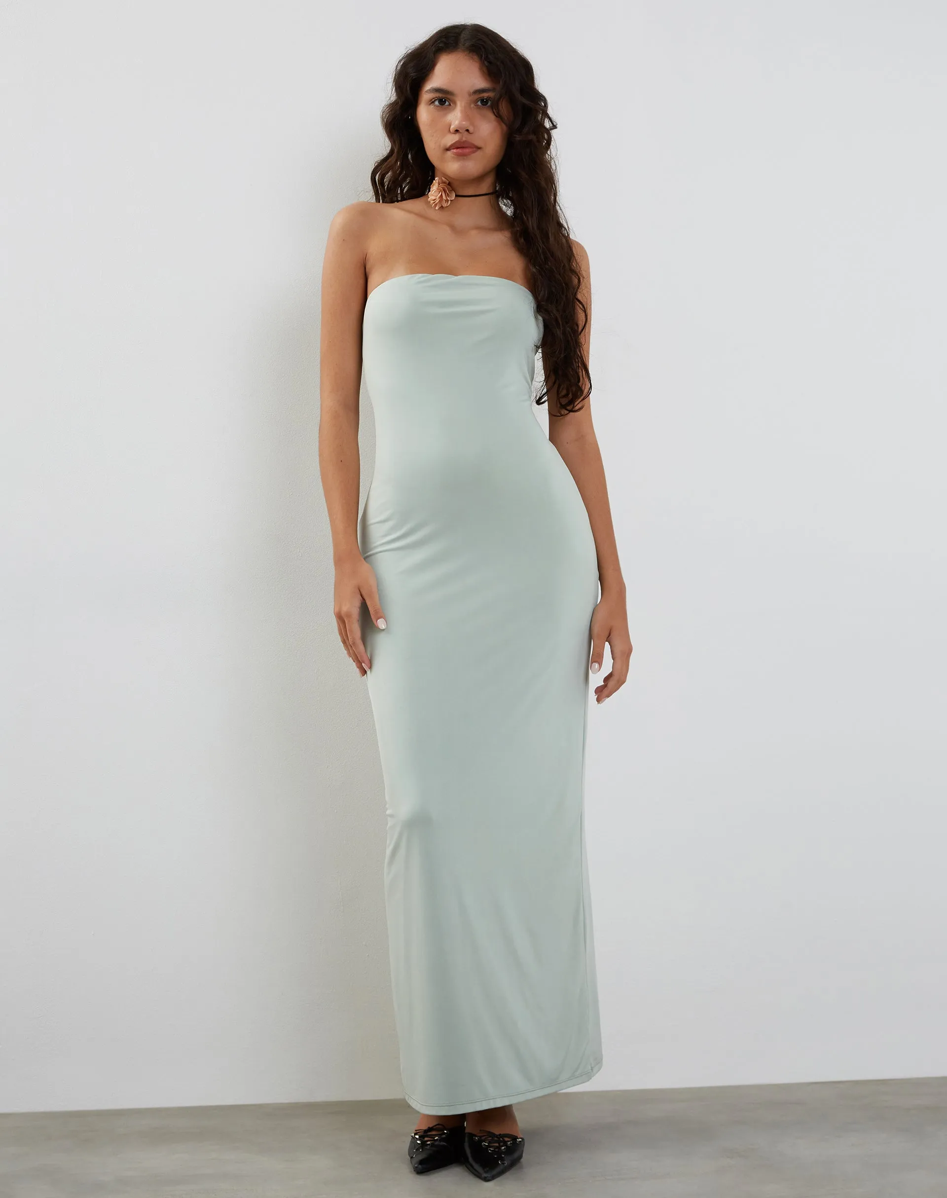 Annalise Bandeau Slinky Maxi Dress in Mint