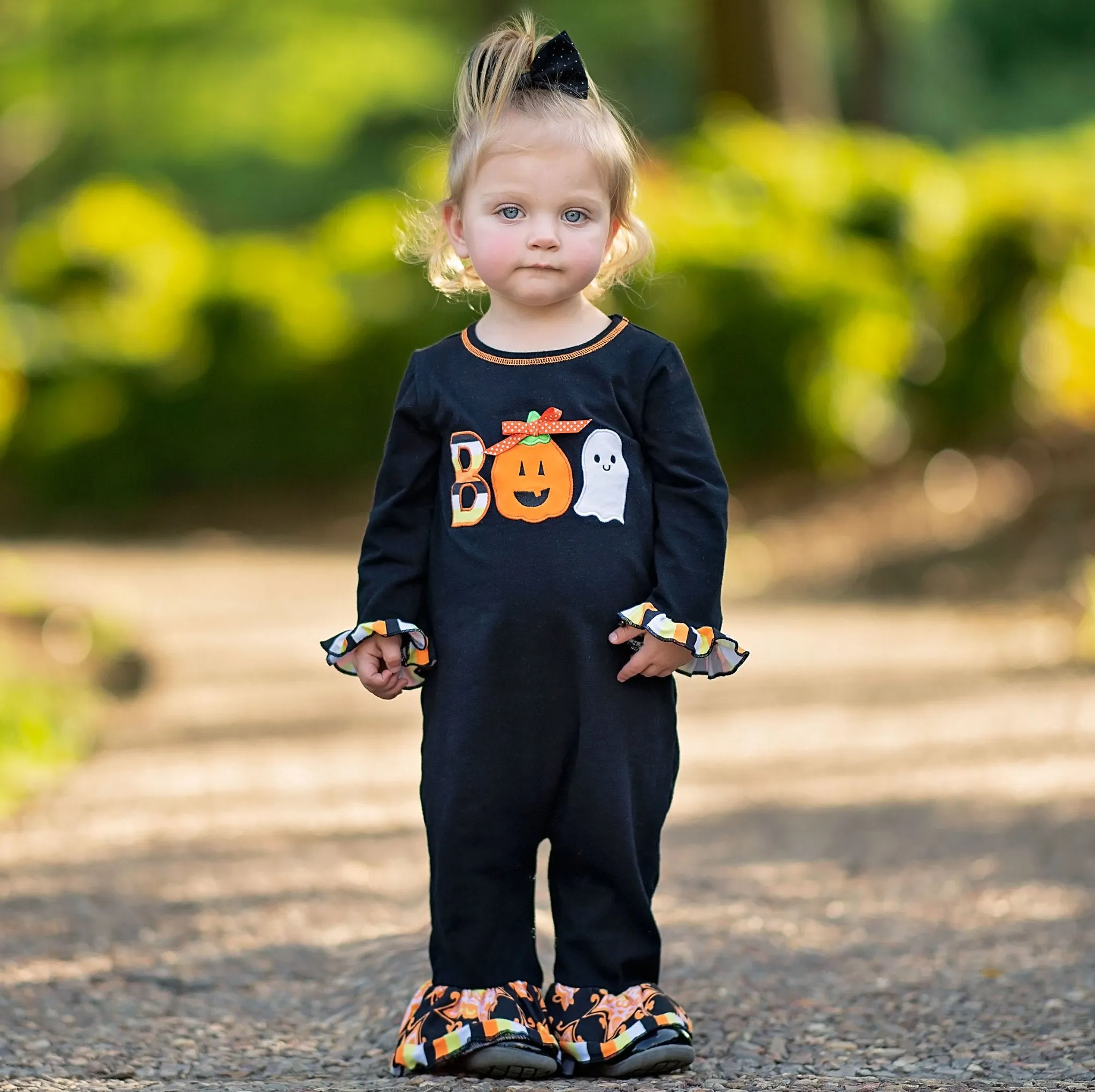 AnnLoren Baby Girls Black & Orange Pumpkin Boo Halloween Autumn Holiday Romper