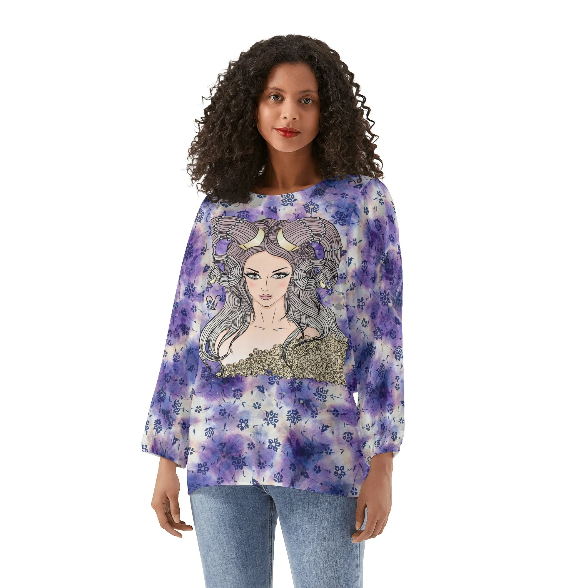 Aries Woman Zodiac Sign Long Sleeve Chiffon Blouse Inspired by Astrology and Horoscope