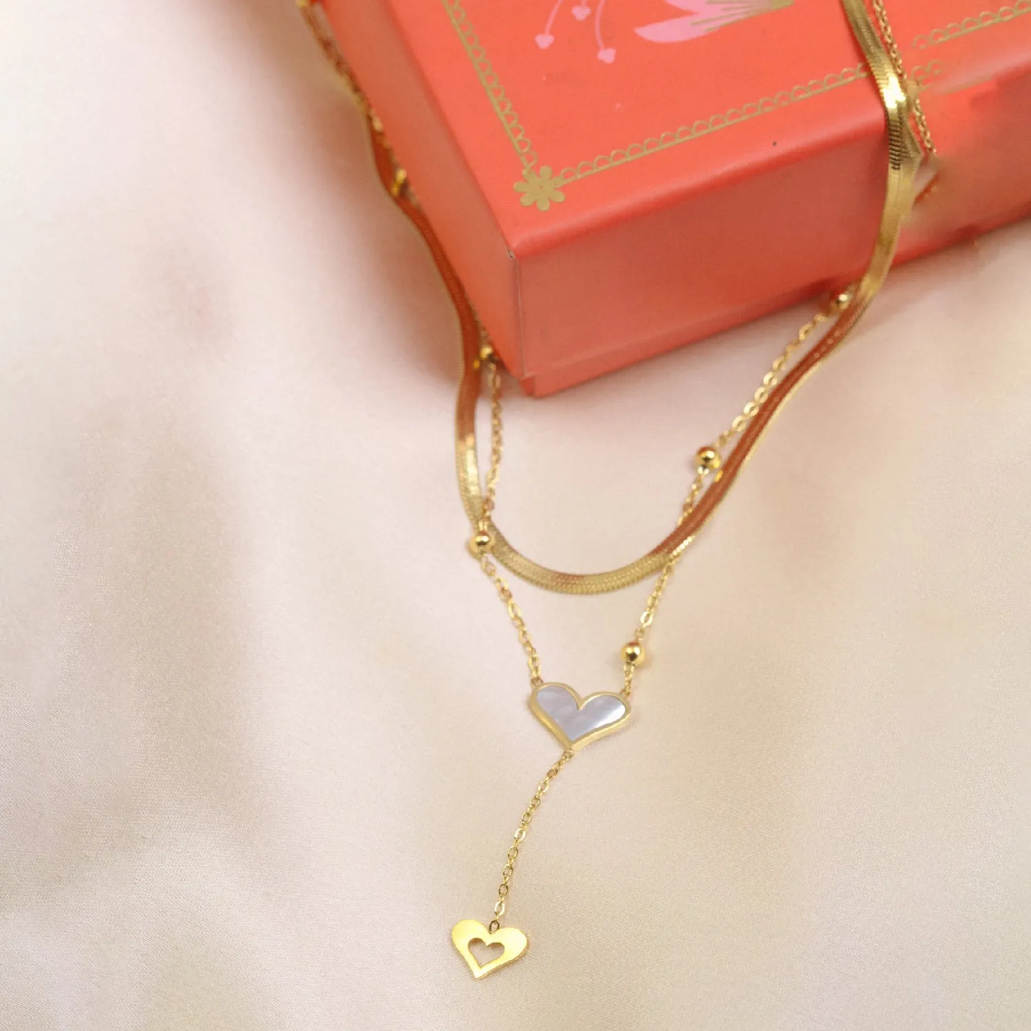 Artklim Gold Plated Double Layered Heart Pendant Necklace