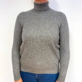 Ash Grey Cable Cashmere Polo Neck Jumper Large