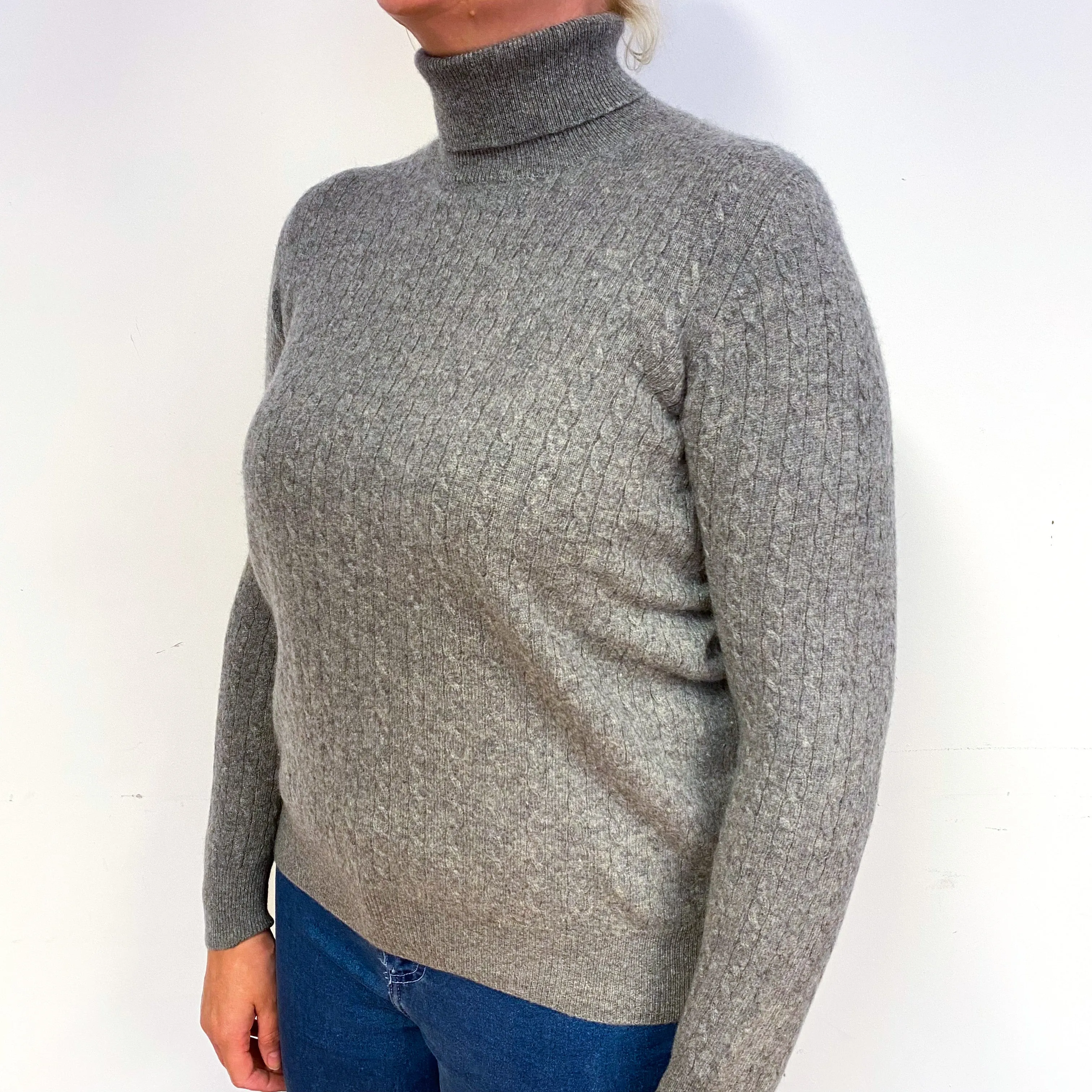 Ash Grey Cable Cashmere Polo Neck Jumper Large