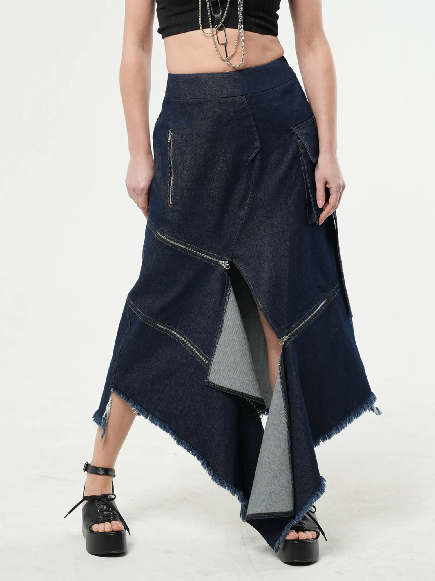 Asymmetric Denim Long Skirt with Zippers