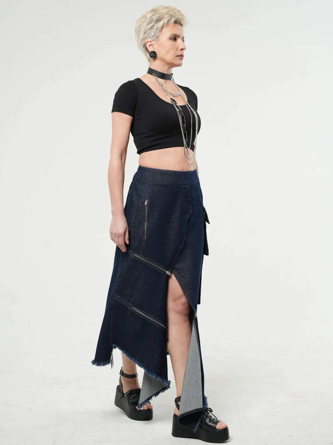 Asymmetric Denim Long Skirt with Zippers