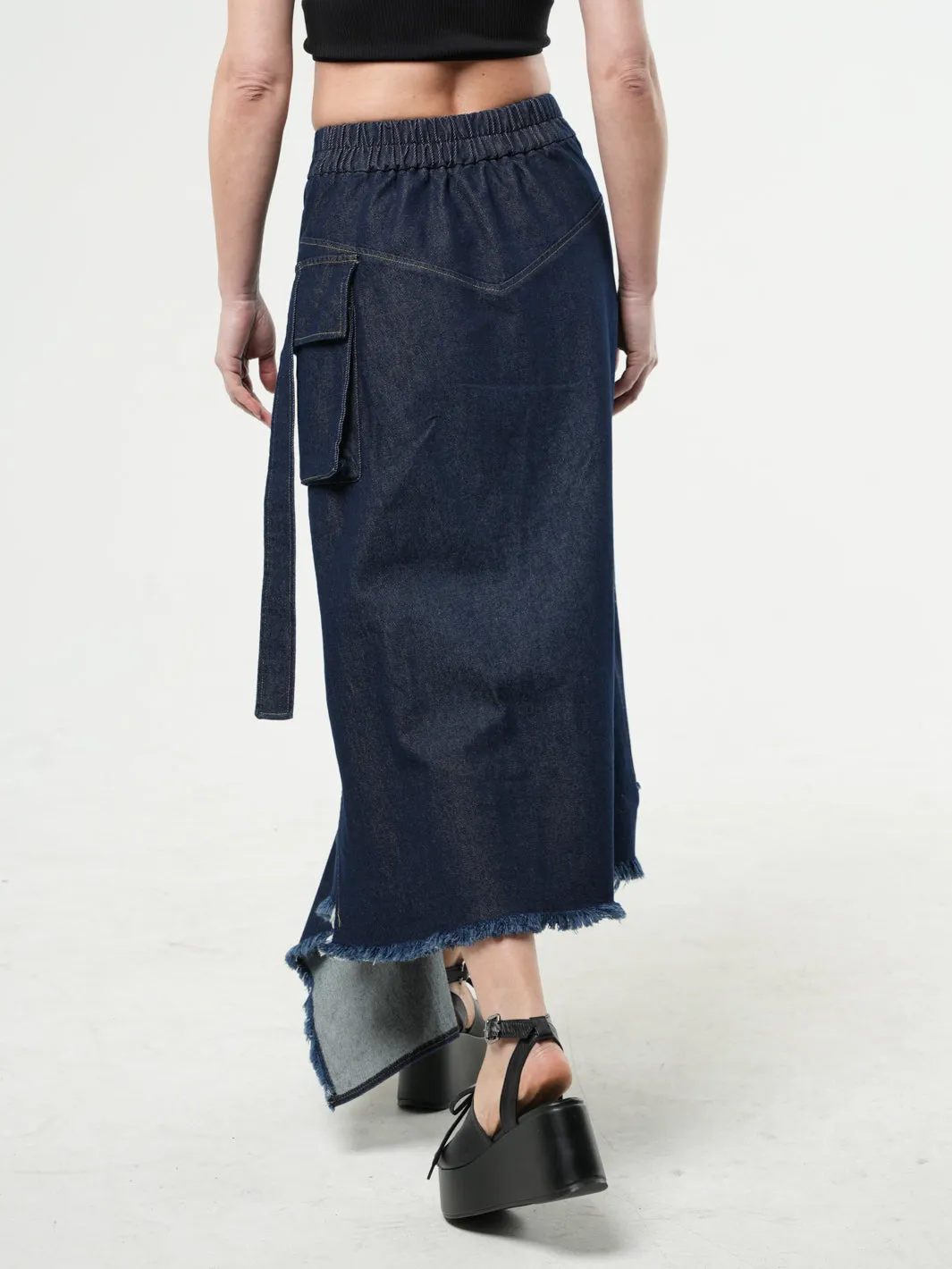 Asymmetric Denim Long Skirt with Zippers