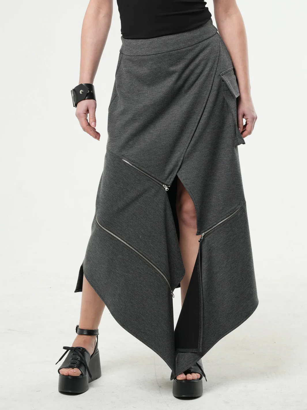 Asymmetric Denim Long Skirt with Zippers