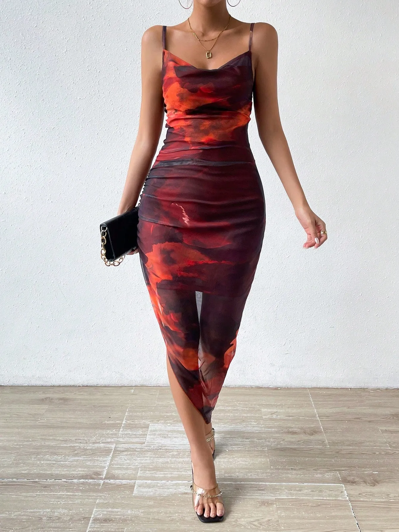 BAE Tie Dye Draped Collar Split Thigh Cami Dress