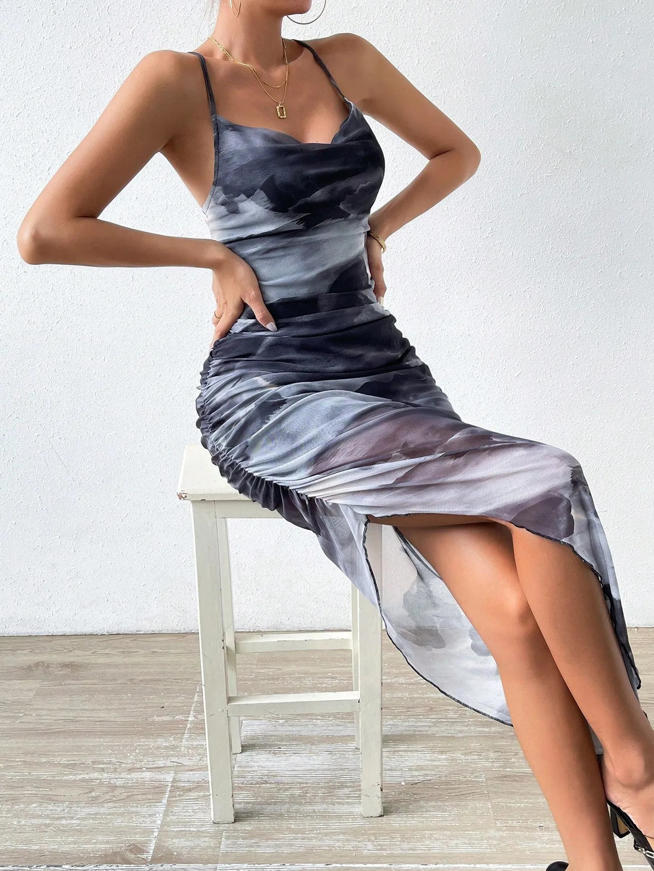 BAE Tie Dye Draped Collar Split Thigh Cami Dress