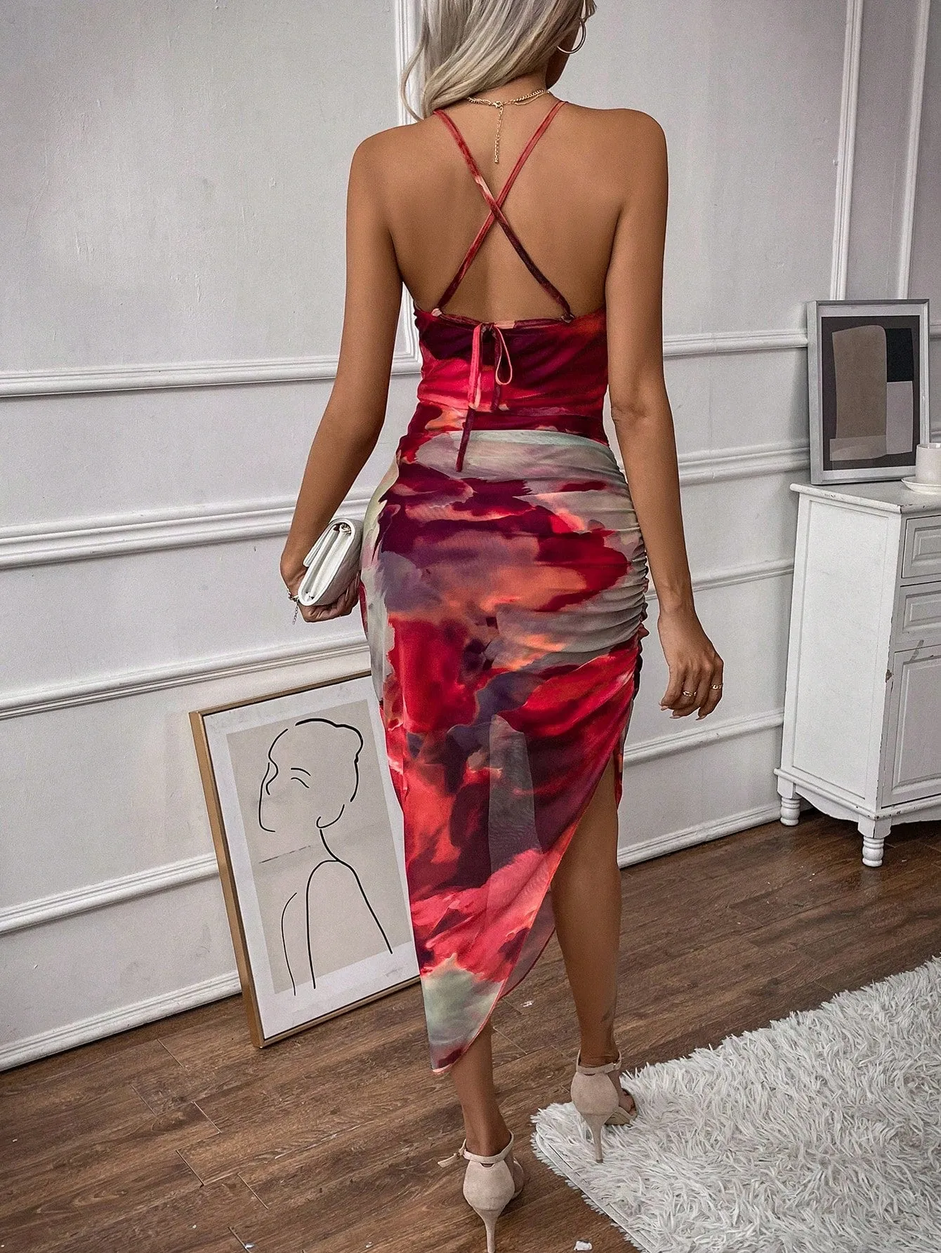 BAE Tie Dye Draped Collar Split Thigh Cami Dress