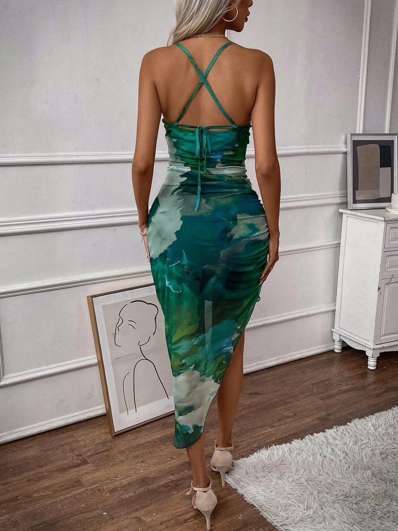 BAE Tie Dye Draped Collar Split Thigh Cami Dress