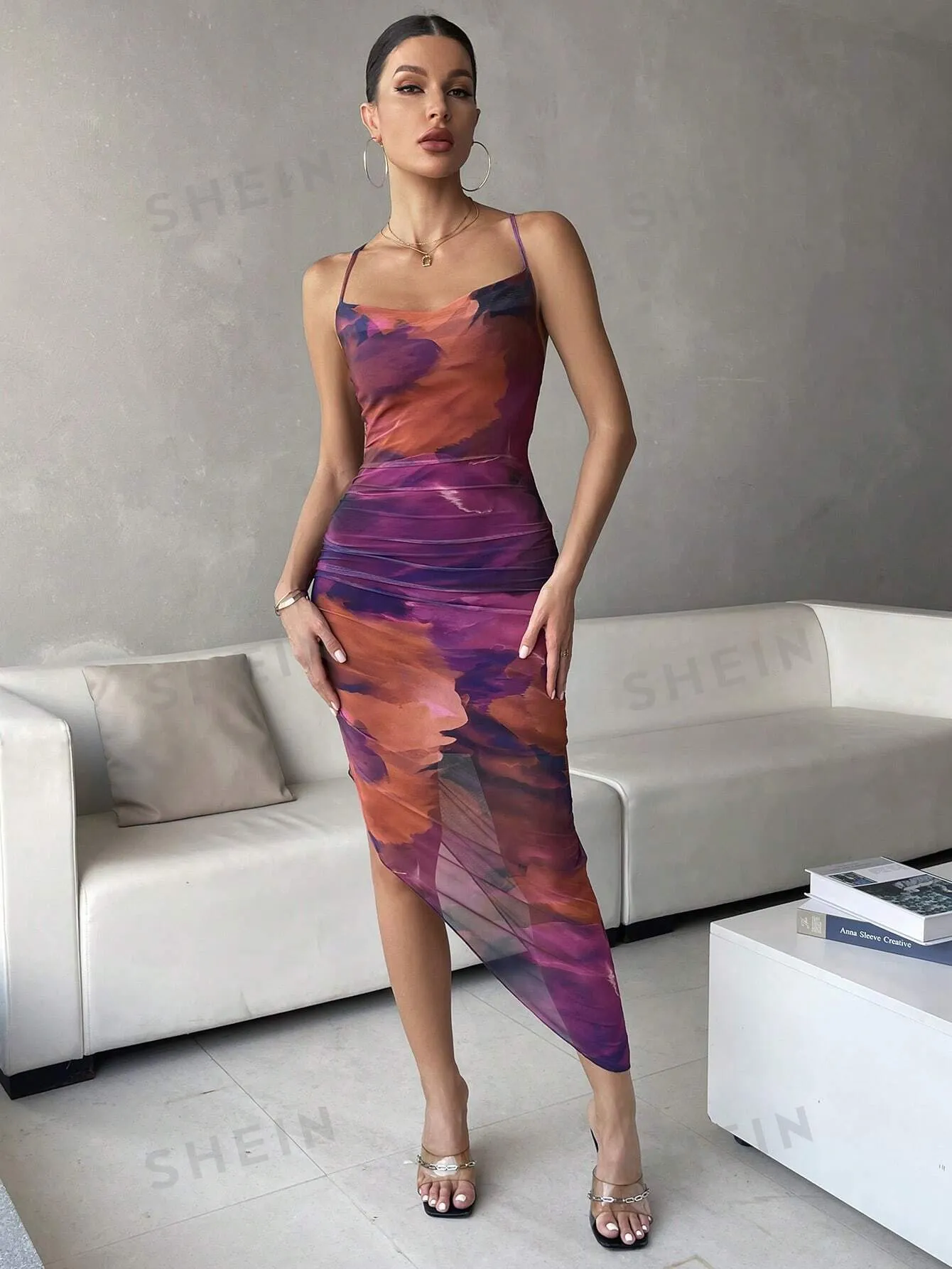 BAE Tie Dye Draped Collar Split Thigh Cami Dress