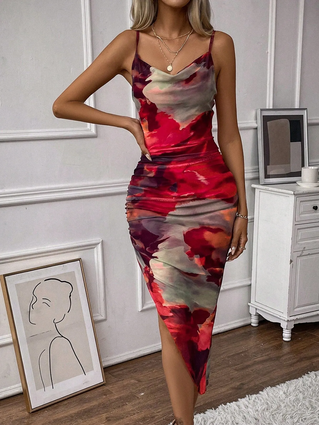 BAE Tie Dye Draped Collar Split Thigh Cami Dress