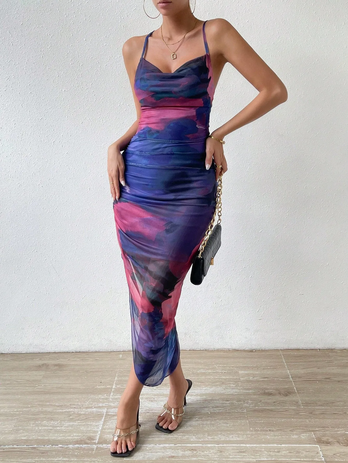 BAE Tie Dye Draped Collar Split Thigh Cami Dress