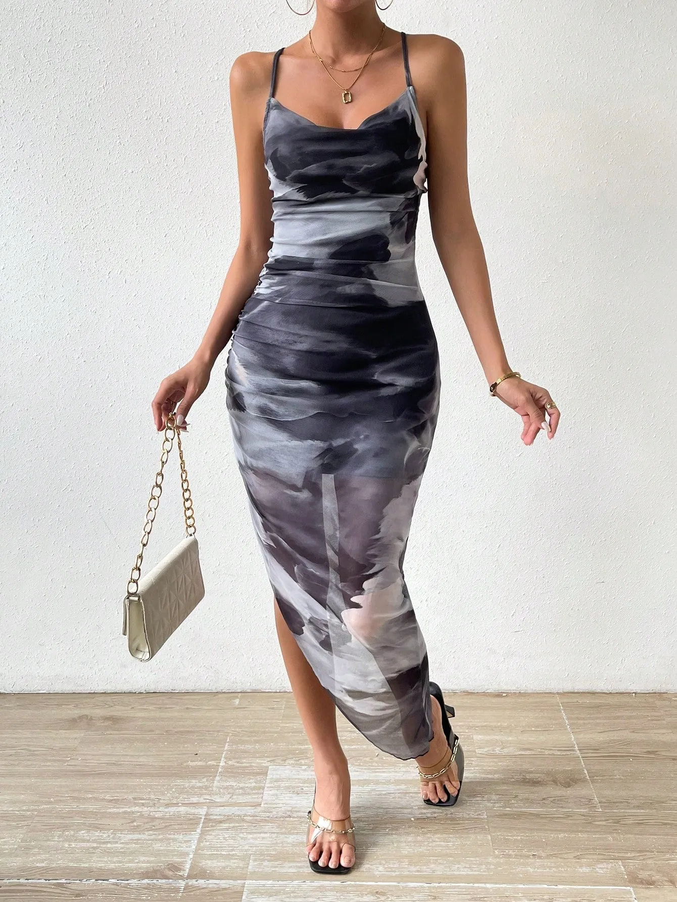 BAE Tie Dye Draped Collar Split Thigh Cami Dress