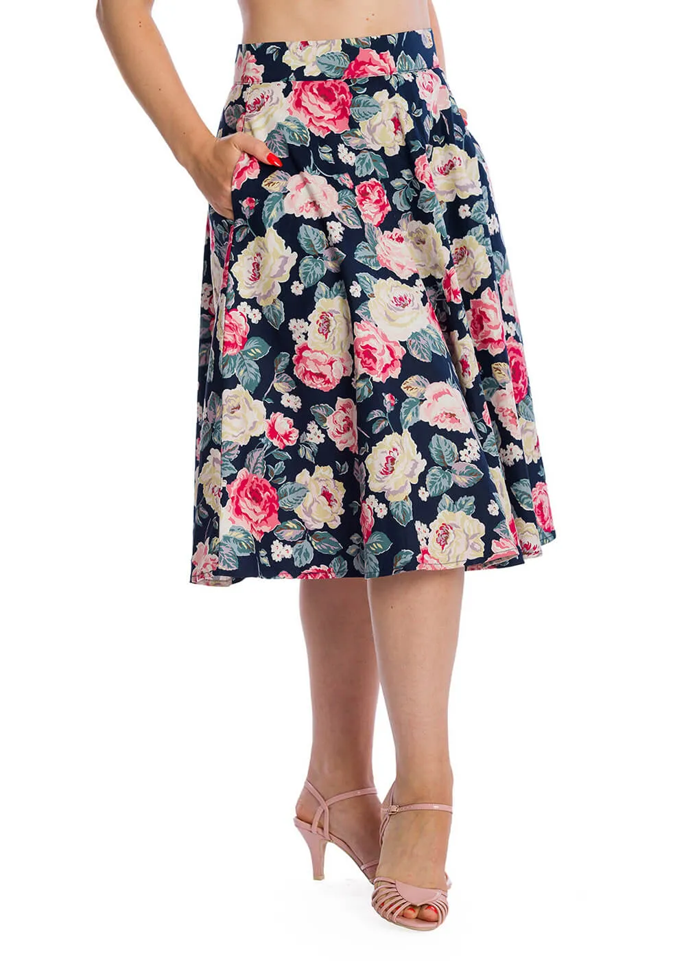 Banned Rose Bloom 50's Swing Skirt Navy