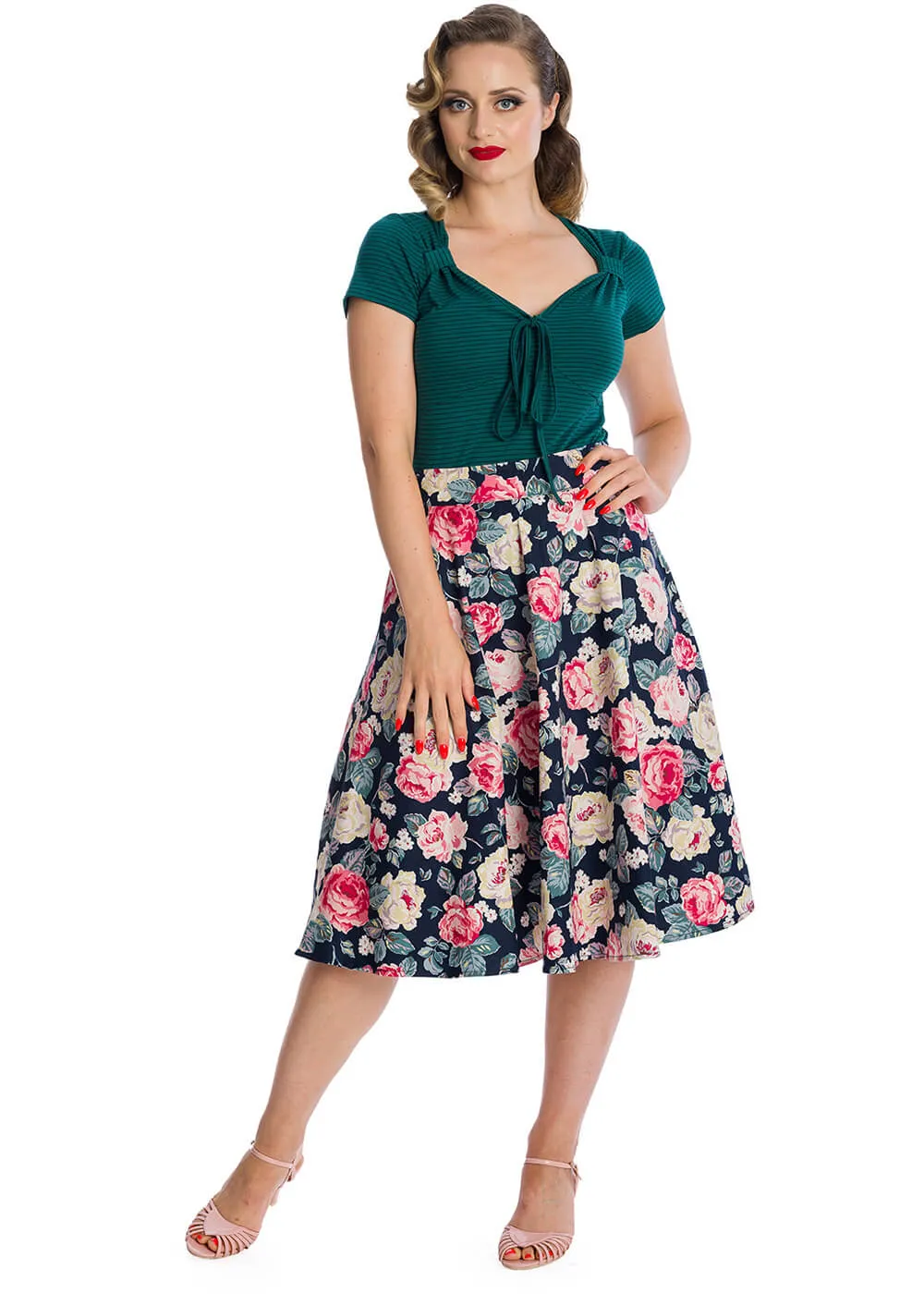 Banned Rose Bloom 50's Swing Skirt Navy