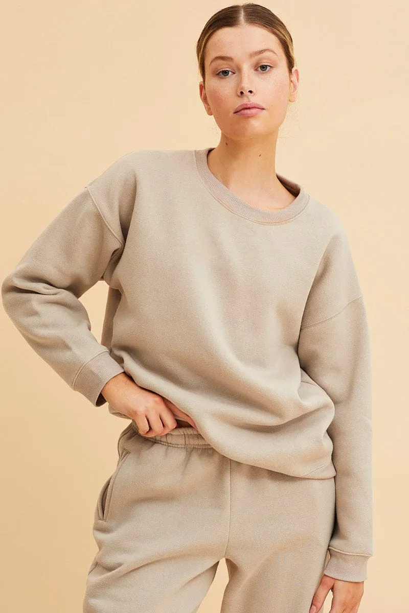 Beige Fleece Sweat Long Sleeve Crew Neck