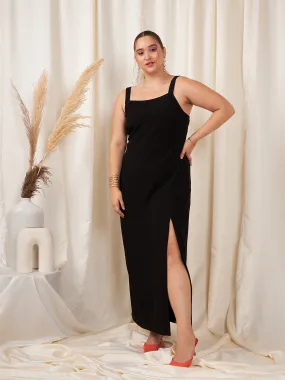 Berrylush Women Plus Size Solid Black Square Neck Sleeveless Straight Hem Thigh-High Slit Knitted Bodycon Maxi Dress