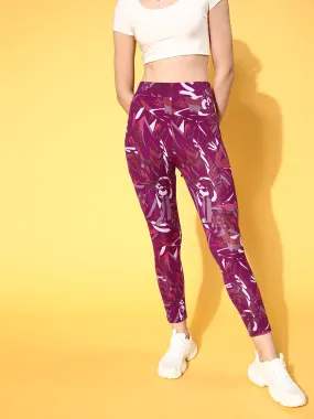 Berrylush Women Purple Abstract Printed Super Stretchy & High Waisted Sports Tights