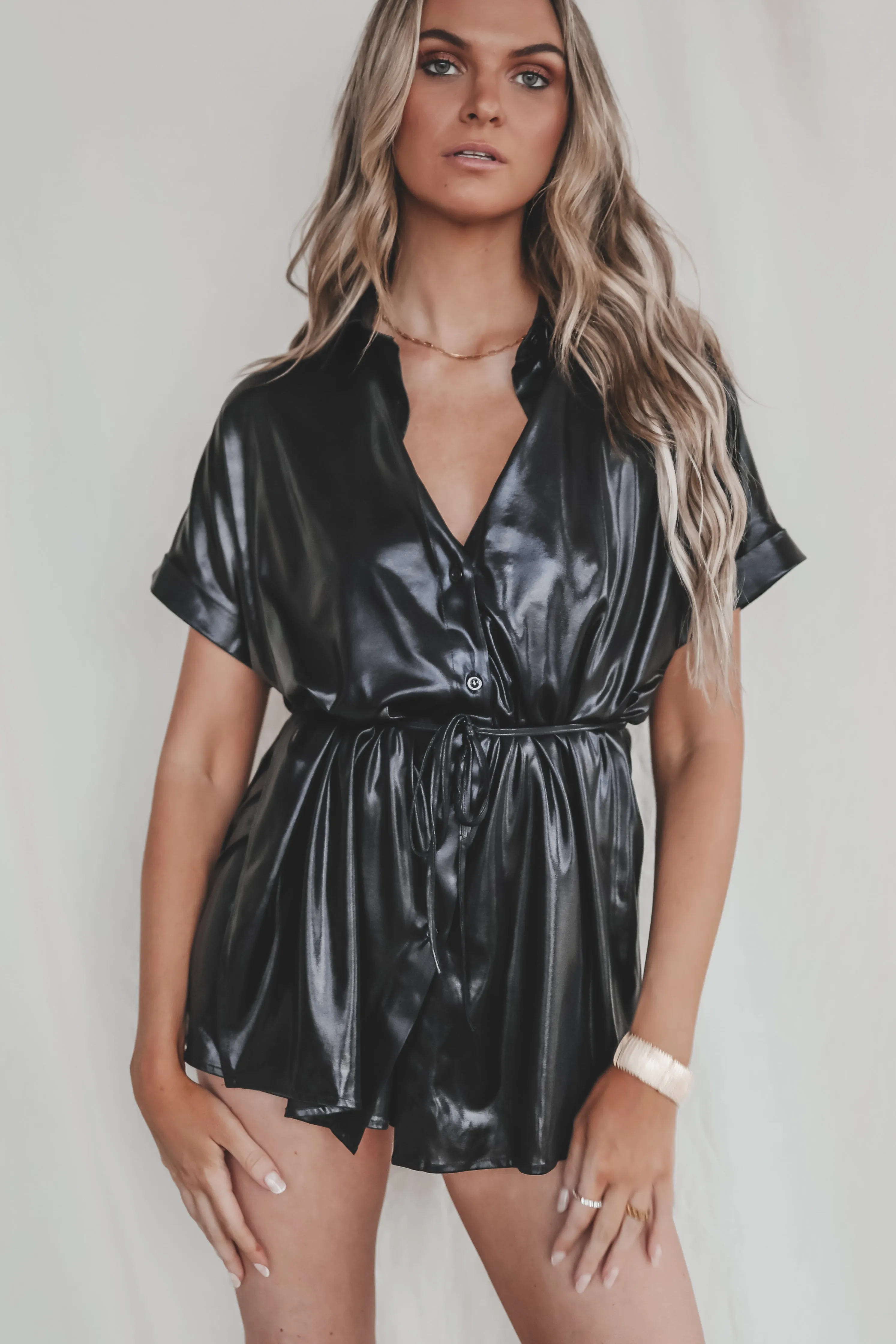 Beverly Hills Black Liquid Short Sleeve Romper