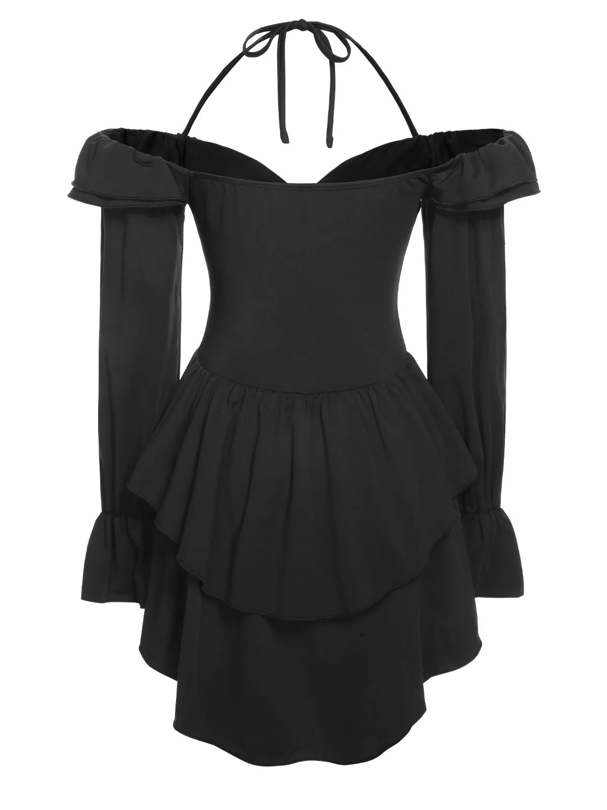 Black 1950s Solid Ruffle Off-Shoulder Romper