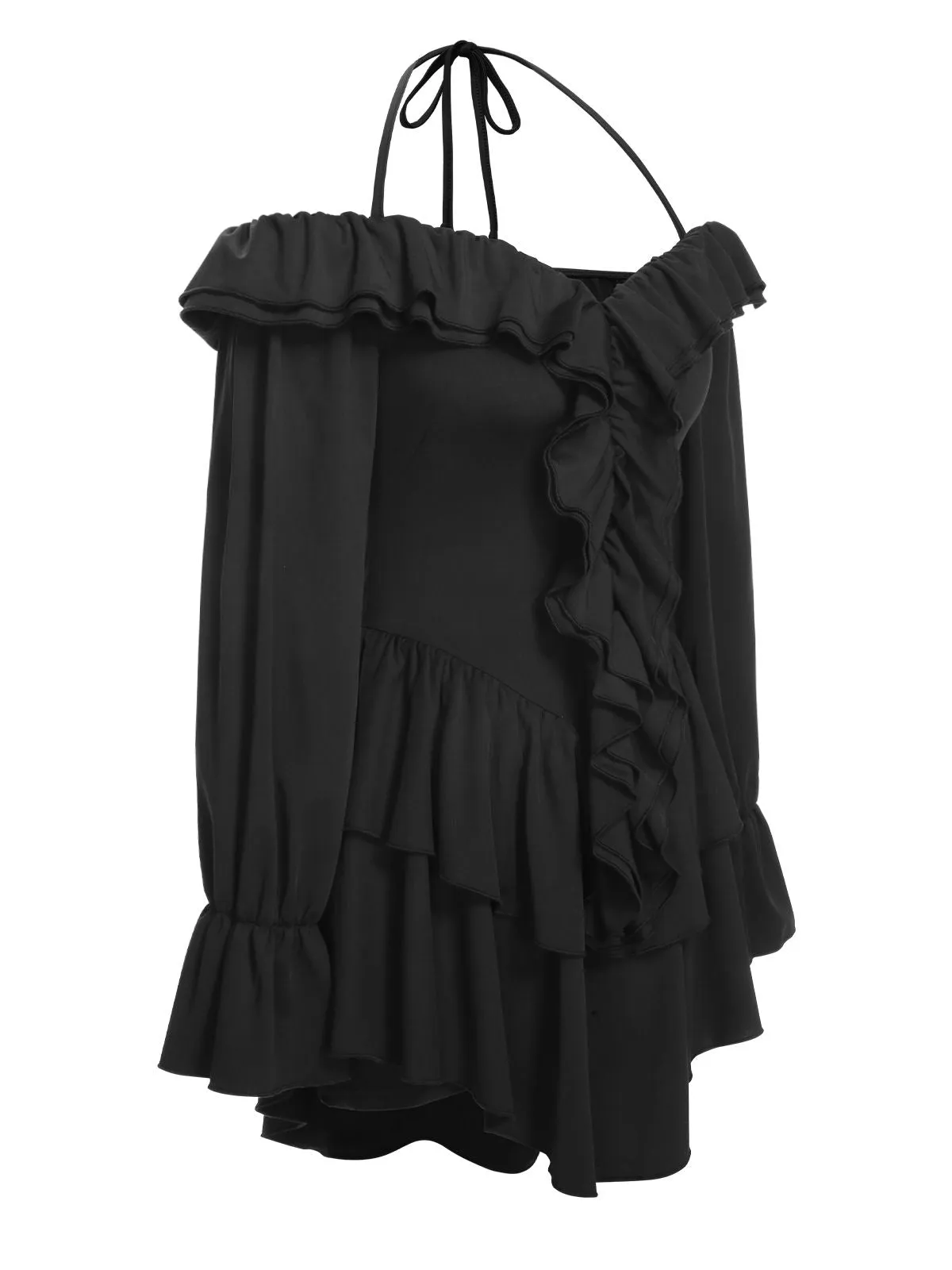 Black 1950s Solid Ruffle Off-Shoulder Romper