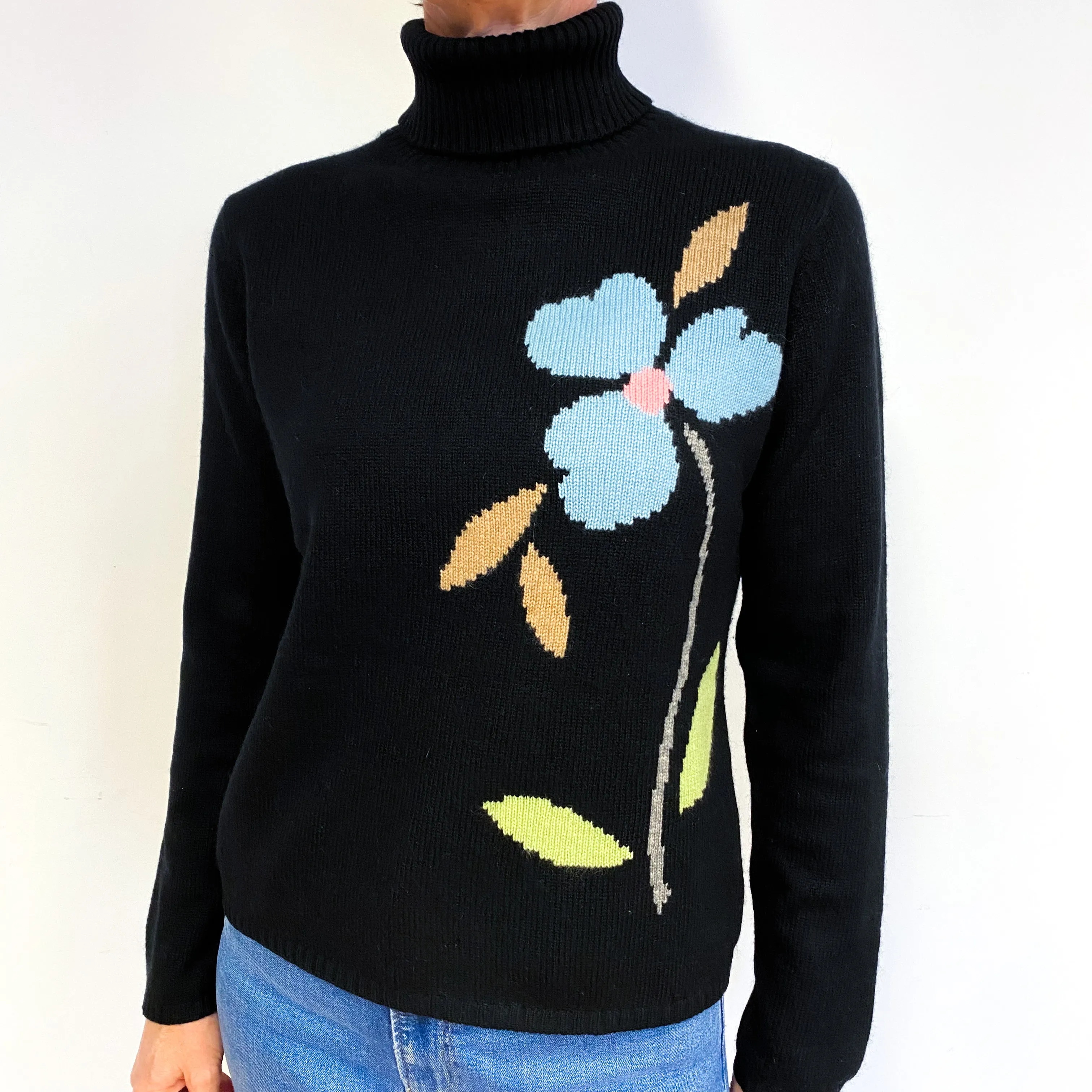 Black Floral Cashmere Polo Neck Jumper Medium