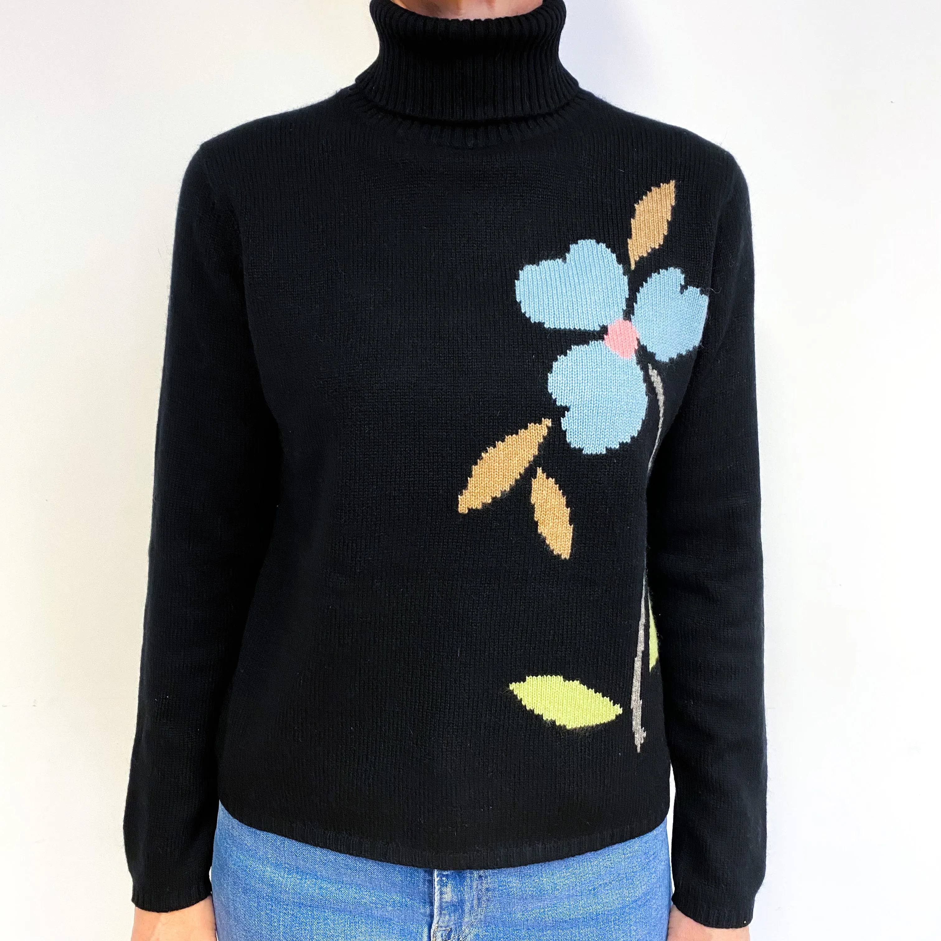 Black Floral Cashmere Polo Neck Jumper Medium