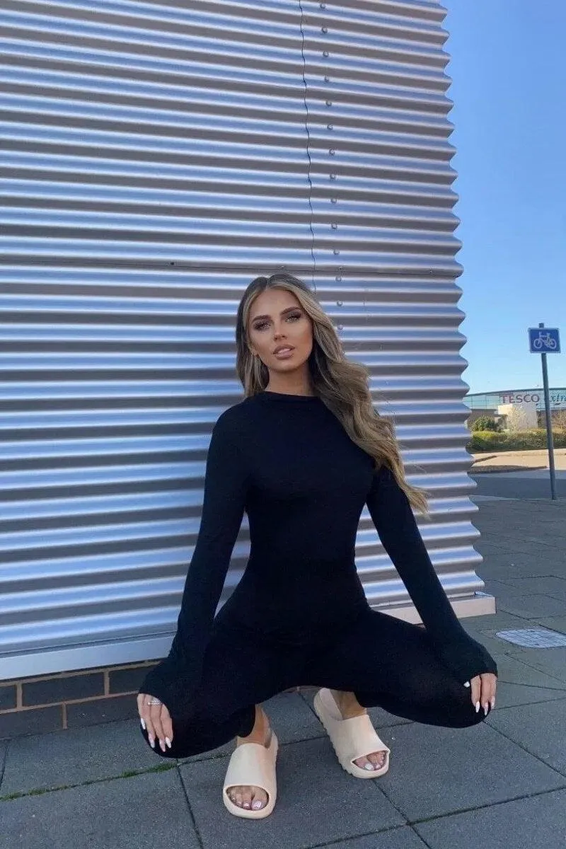 Black High Neck Long Sleeve Jumpsuit