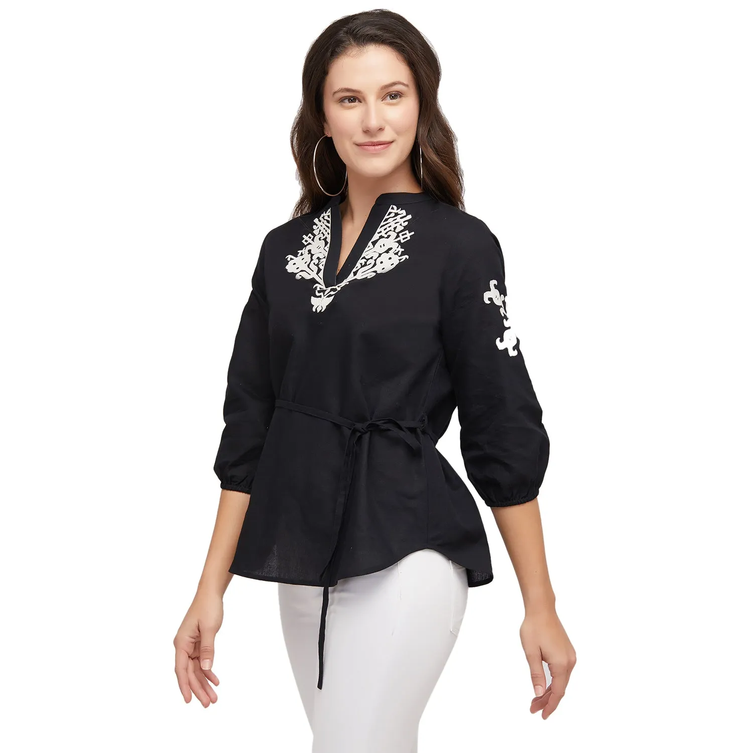 Black Mandarin Collar  Embroidered Top