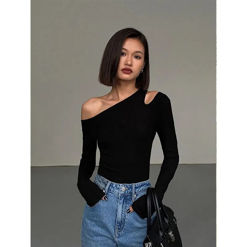 Black off-shoulder long sleeve knitted T-shirt autumn new slim-fit design feeling base shirt top