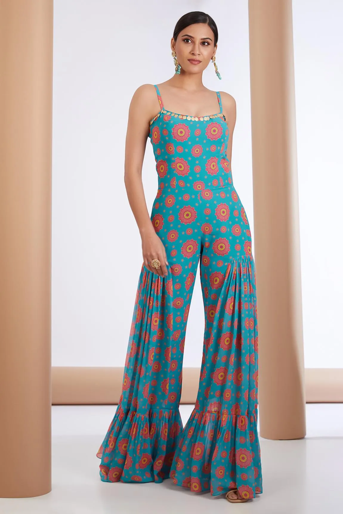 Blue Georgette Floral Print Embellished Jumpsuit